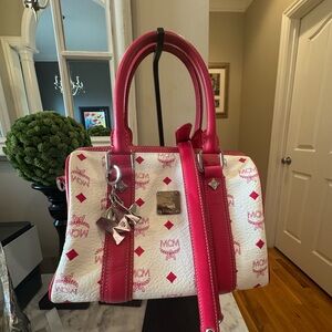MCM - Visetos Boston Bag - Pink w/Crossbody & MCM Bag Charm - EUC